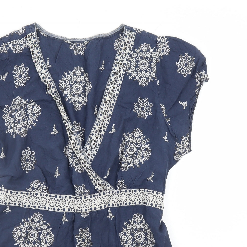 BHS Womens Blue Geometric 100% Cotton Basic Blouse Size 20 V-Neck - Beaded Neckline