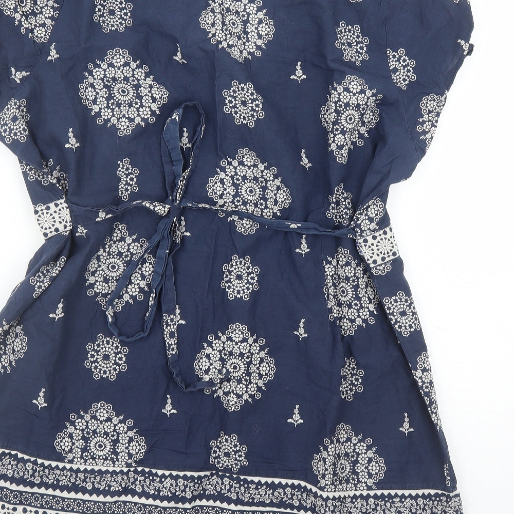 BHS Womens Blue Geometric 100% Cotton Basic Blouse Size 20 V-Neck - Beaded Neckline