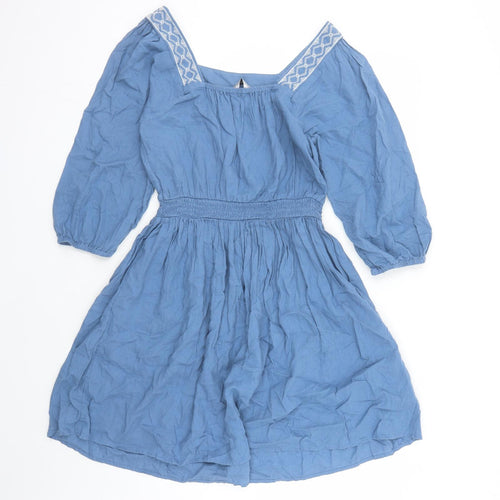 Marks and Spencer Womens Blue Linen Fit & Flare Size 6 Square Neck Pullover - Embroidered Neckline