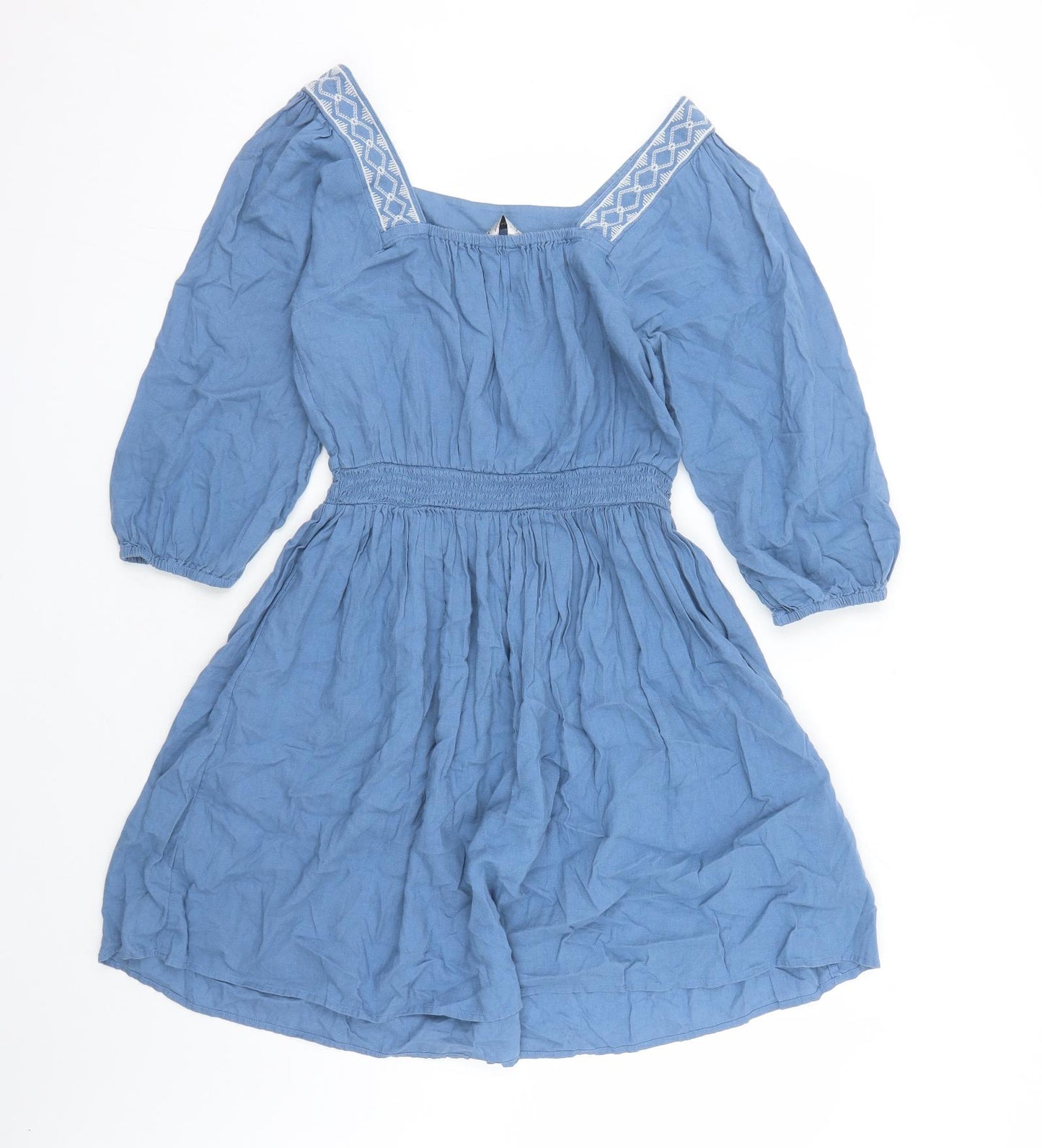 Marks and Spencer Womens Blue Linen Fit & Flare Size 6 Square Neck Pullover - Embroidered Neckline
