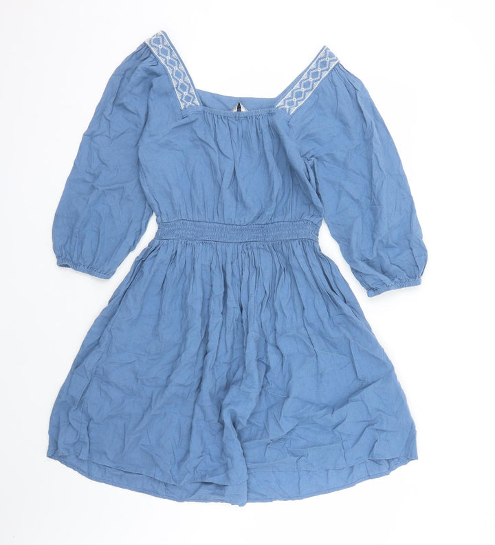 Marks and Spencer Womens Blue Linen Fit & Flare Size 6 Square Neck Pullover - Embroidered Neckline