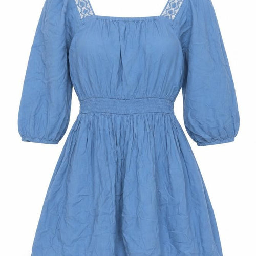 Marks and Spencer Womens Blue Linen Fit & Flare Size 6 Square Neck Pullover - Embroidered Neckline
