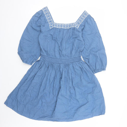 Marks and Spencer Womens Blue Linen Fit & Flare Size 6 Square Neck Pullover - Embroidered Neckline