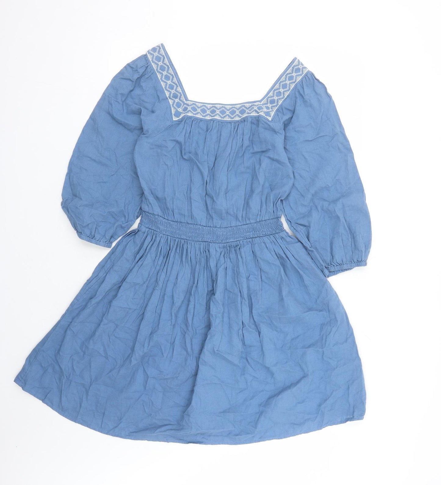 Marks and Spencer Womens Blue Linen Fit & Flare Size 6 Square Neck Pullover - Embroidered Neckline