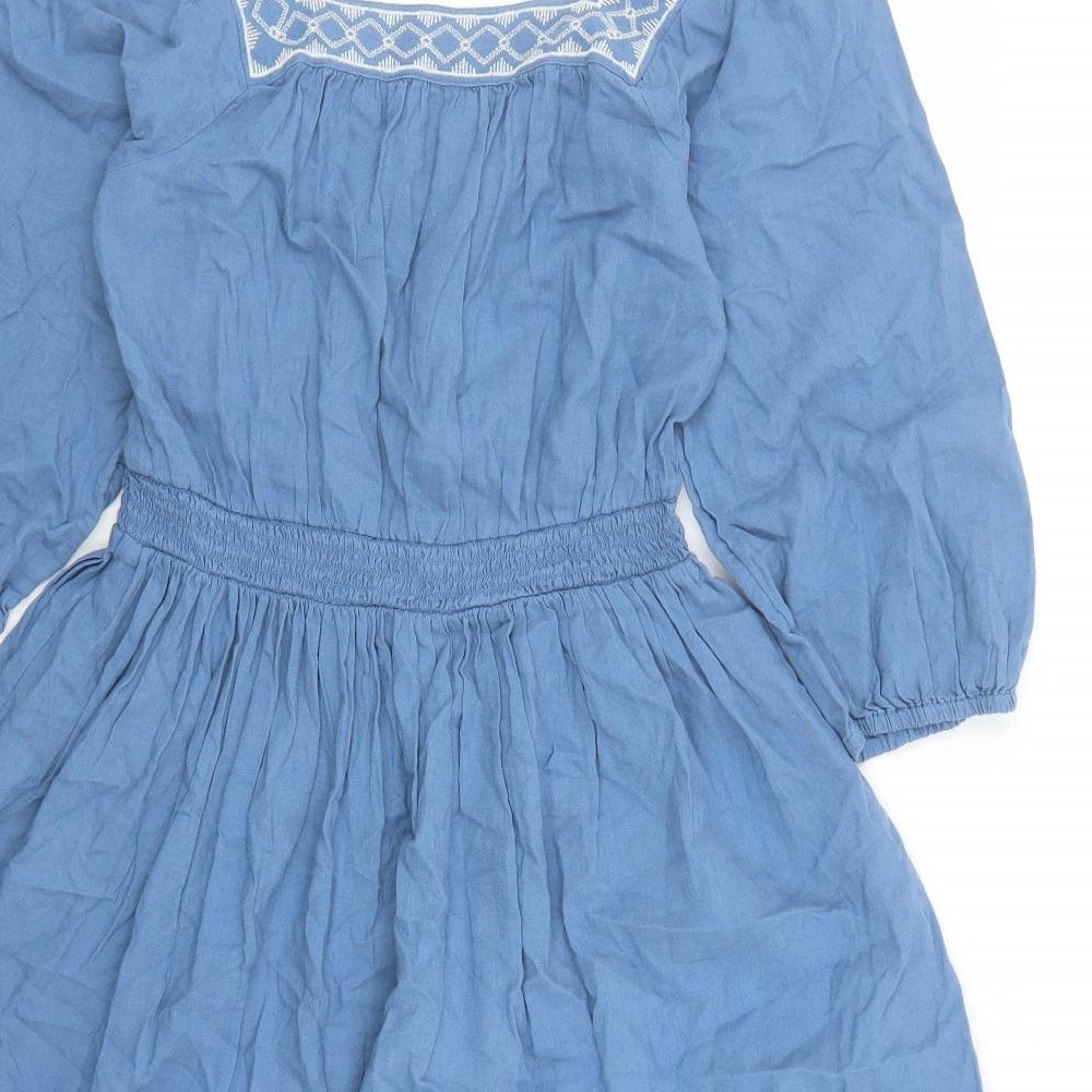 Marks and Spencer Womens Blue Linen Fit & Flare Size 6 Square Neck Pullover - Embroidered Neckline