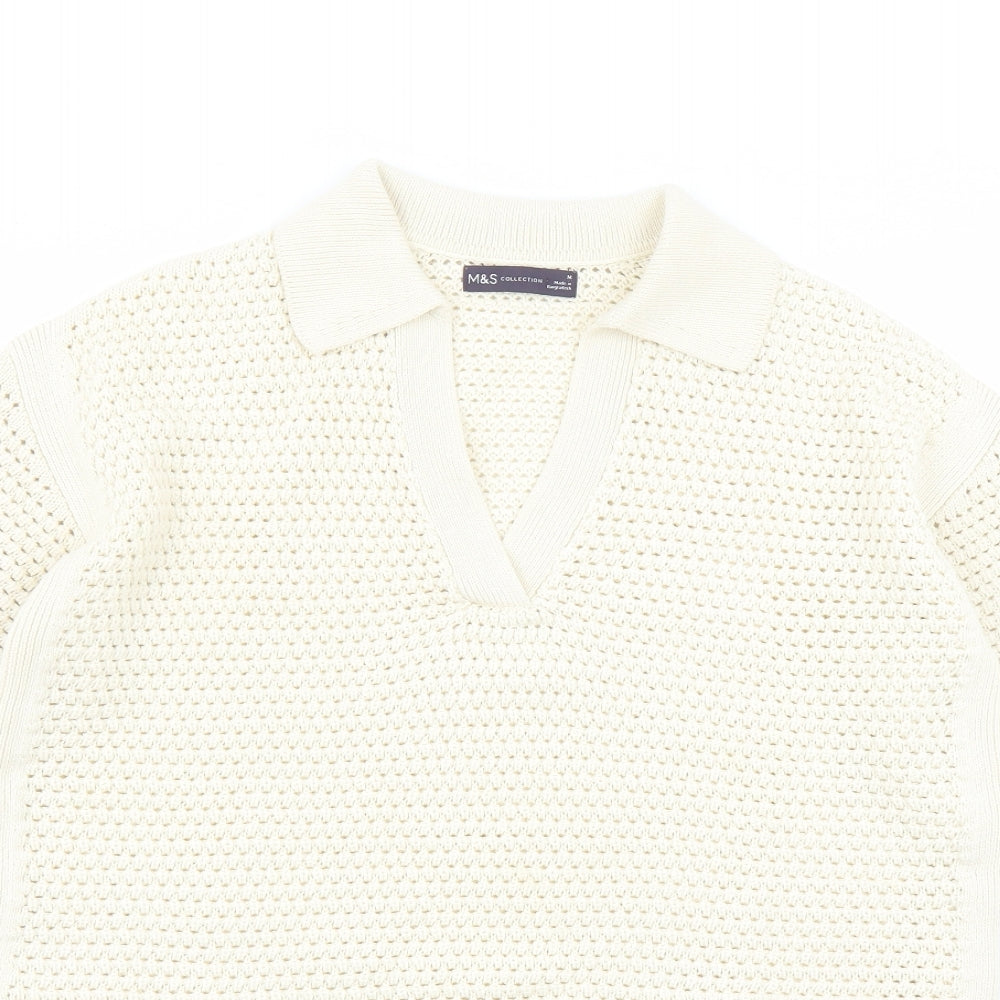 Marks and Spencer Womens Ivory Collared Cotton Pullover Jumper Size M