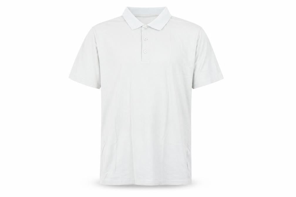 Front view of ASOS men’s grey cotton polo, size L, collared button