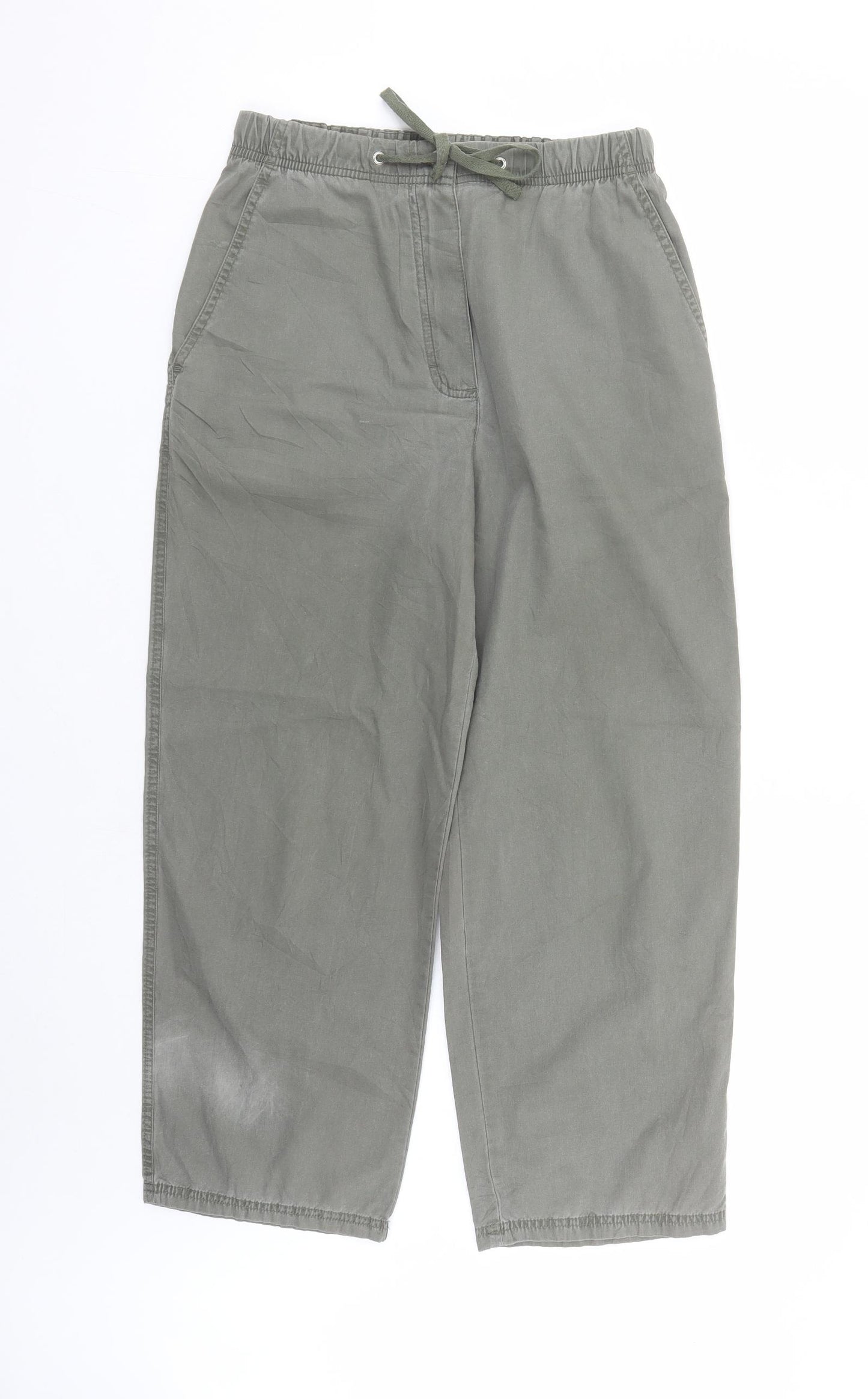 Marks and Spencer Womens Green Cotton Carrot Trousers Size 10 L26 in Regular Drawstring - Elasticated Waist