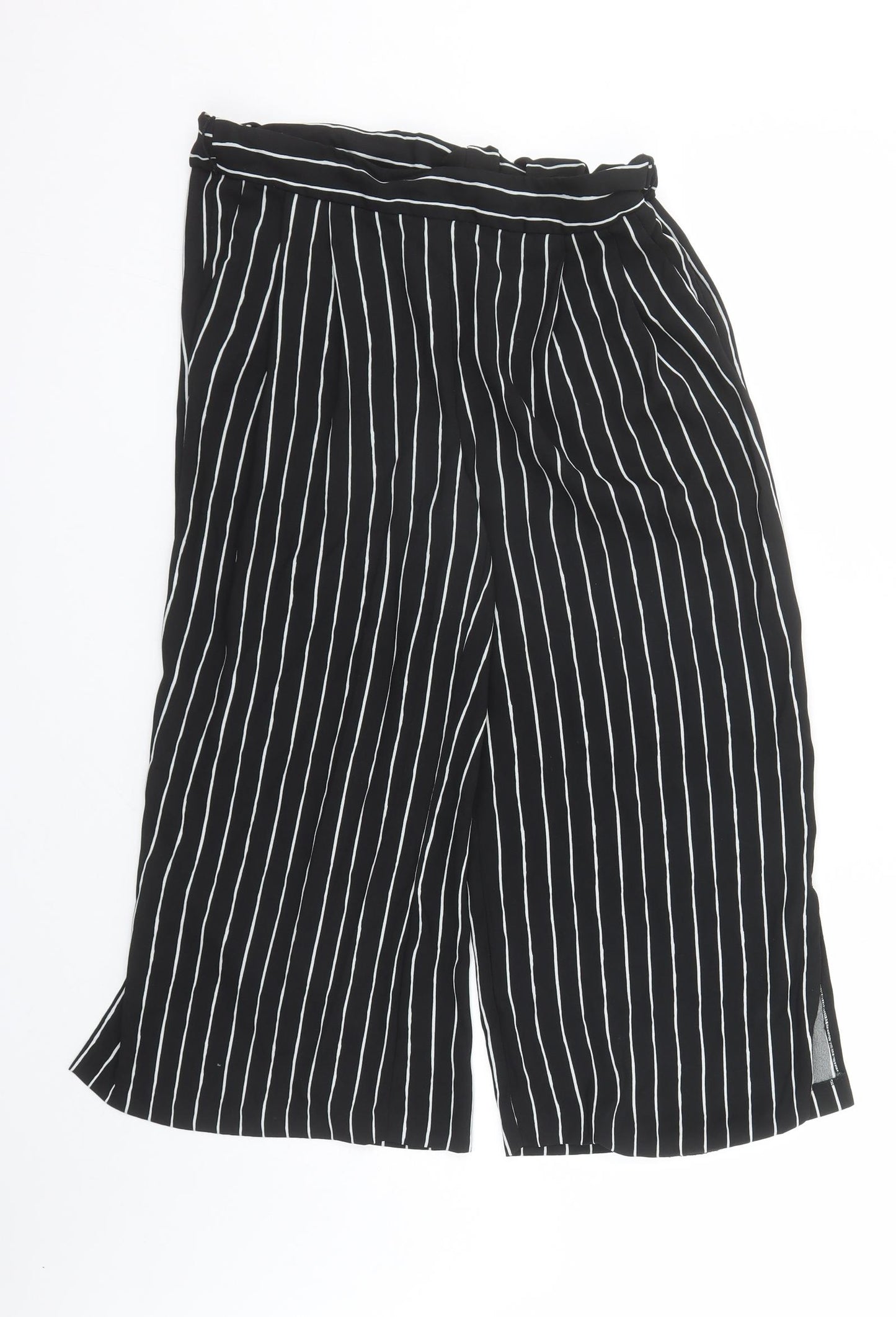 Marks and Spencer Womens Black Striped Polyester Cropped Trousers Size 10 L21 in Regular - Elasticated Waist