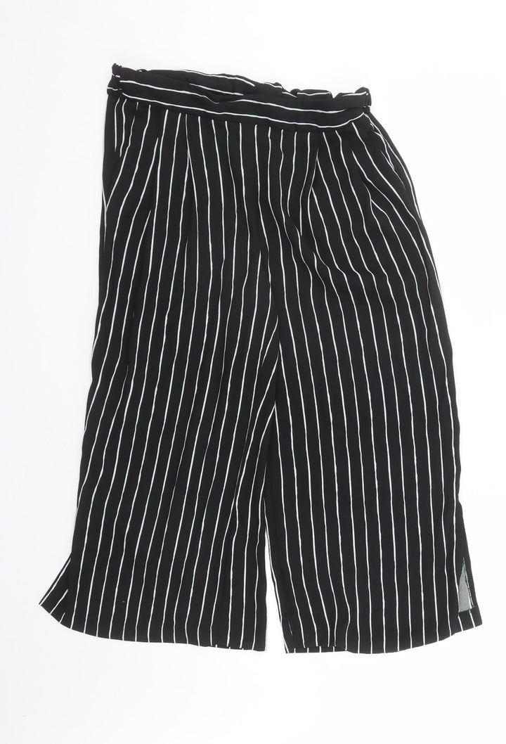 Marks and Spencer Womens Black Striped Polyester Cropped Trousers Size 10 L21 in Regular - Elasticated Waist