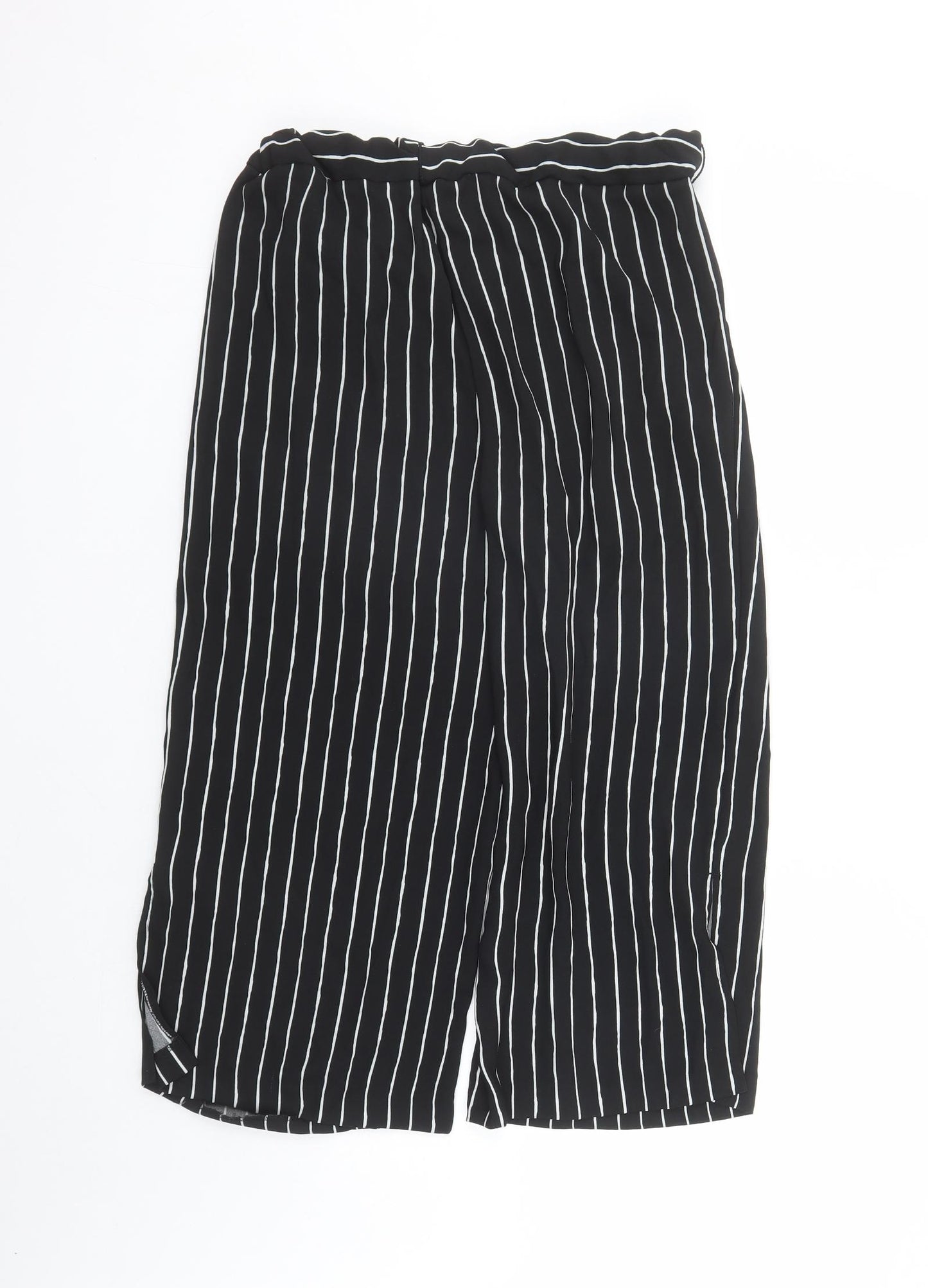 Marks and Spencer Womens Black Striped Polyester Cropped Trousers Size 10 L21 in Regular - Elasticated Waist