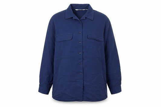 Front view of Holmewood women’s blue cotton basic button-up, size UK 14, collared
