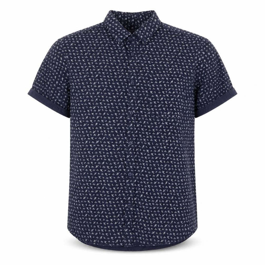 Front view of River Island men’s blue floral cotton button-up, size M, collared button