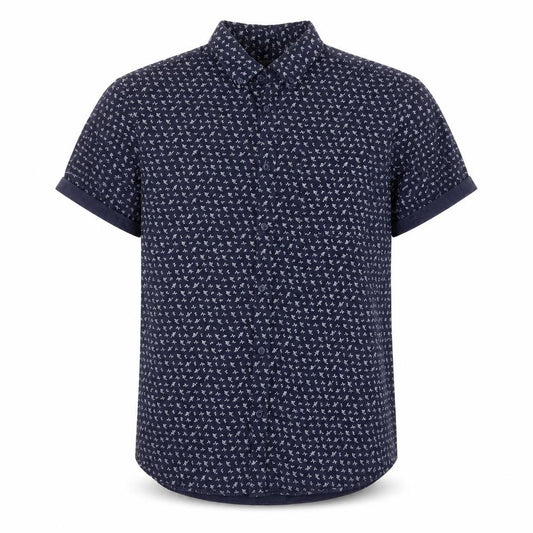 Front view of River Island men’s blue floral cotton button-up, size M, collared button