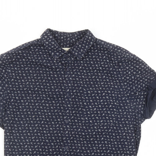 River Island Mens Blue Floral Cotton Button-Up Size M Collared Button