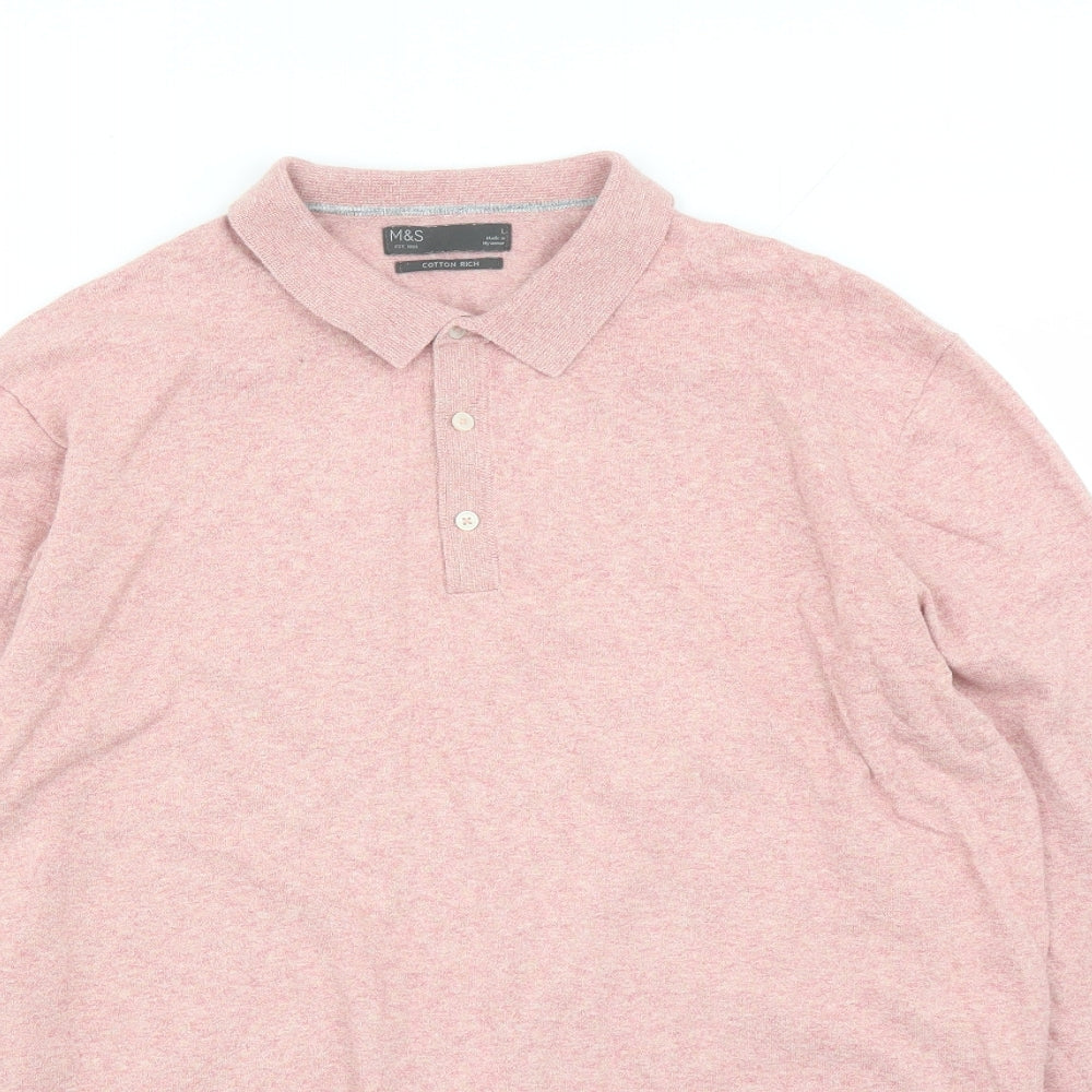 Marks and Spencer Mens Pink Cotton Polo Size L Collared Button