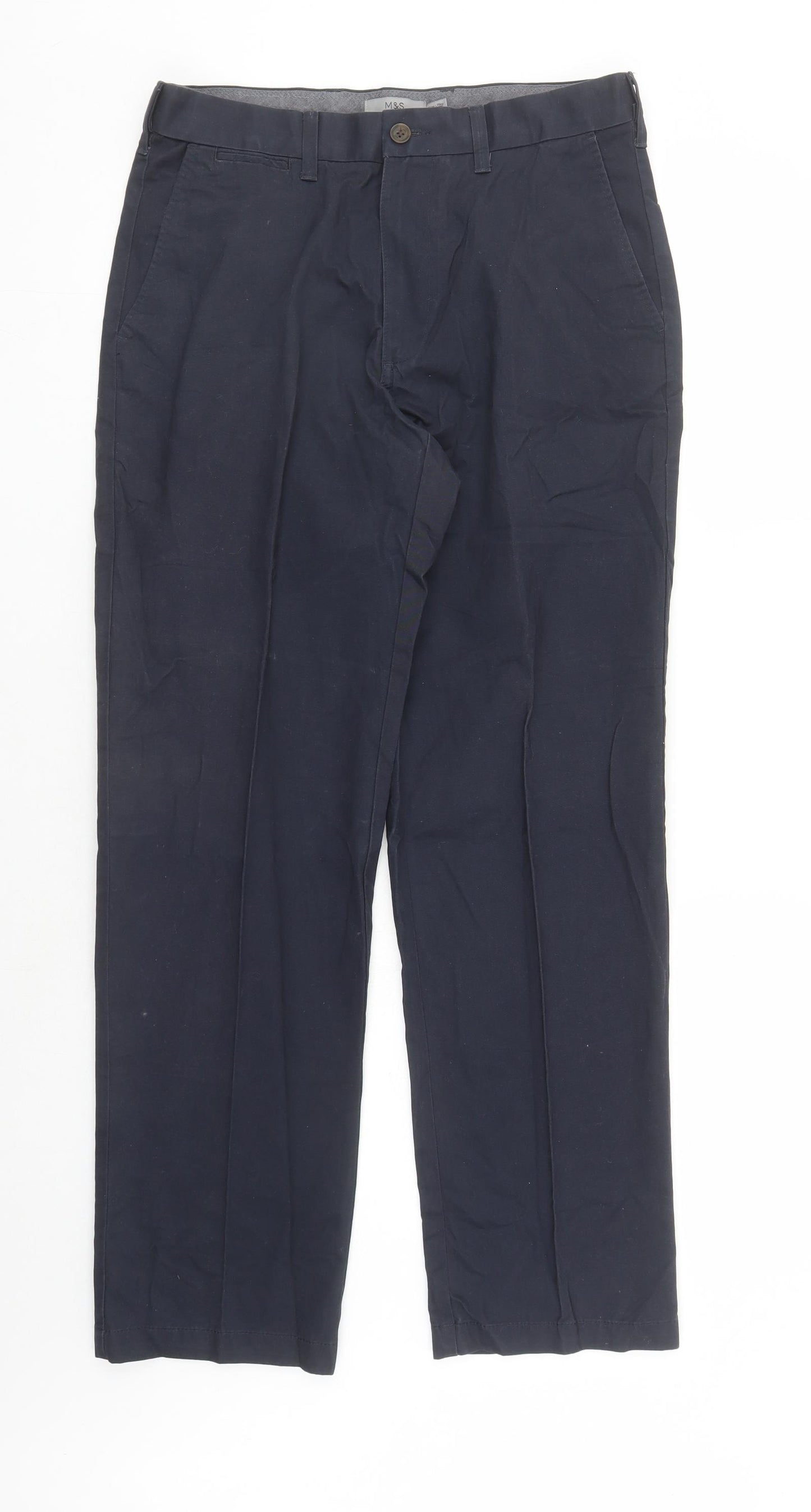 Marks and Spencer Mens Blue Cotton Trousers Size 32 in L31 in Regular Zip