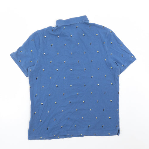 Marks and Spencer Mens Blue Geometric Cotton Polo Size L Collared Button - Toucan Pattern
