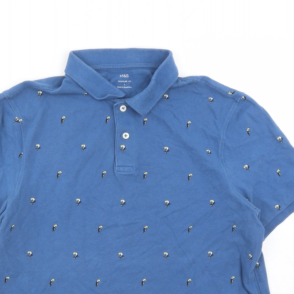 Marks and Spencer Mens Blue Geometric Cotton Polo Size L Collared Button - Toucan Pattern