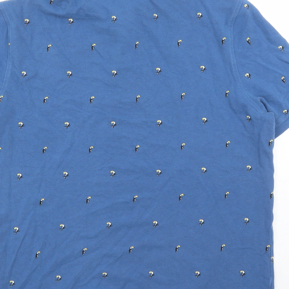 Marks and Spencer Mens Blue Geometric Cotton Polo Size L Collared Button - Toucan Pattern