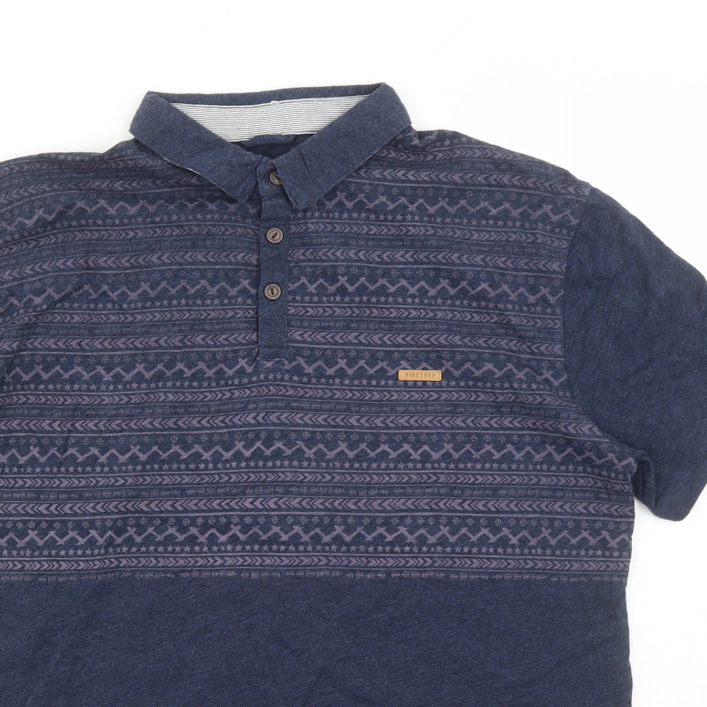 Firetrap Mens Blue Geometric Cotton Polo Size L Collared Button