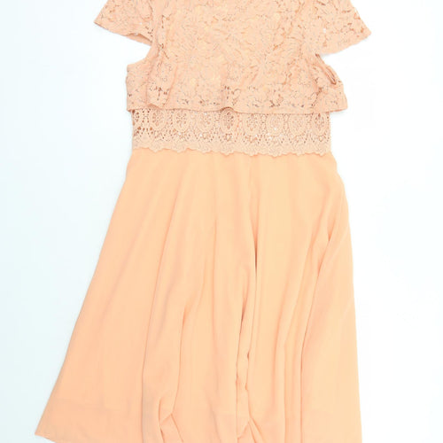 Boohoo Womens Orange Polyester Fit & Flare Size 14 Round Neck Zip - Crochet Detail