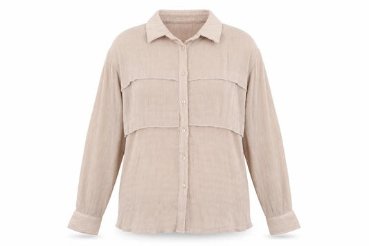 Front view of Glamorous women’s beige polyester basic button-up, size UK 8, collared