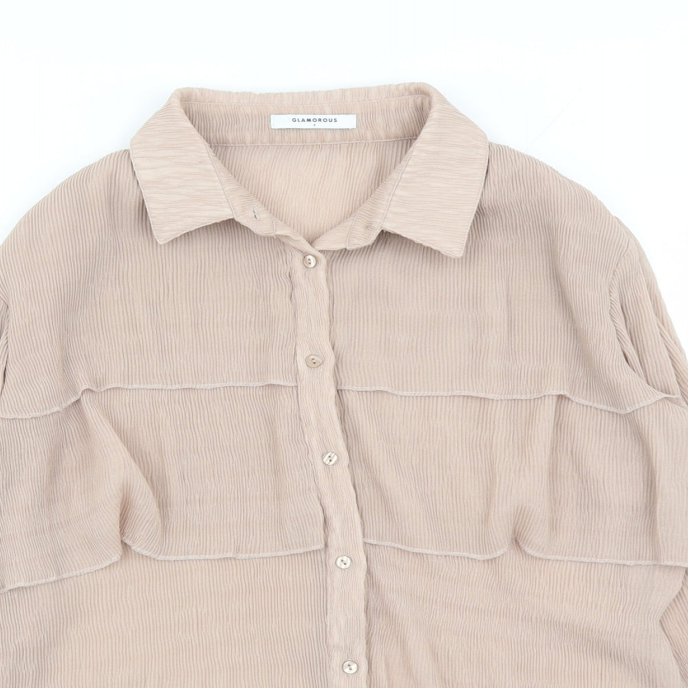 Glamorous Womens Beige Polyester Basic Button-Up Size 8 Collared