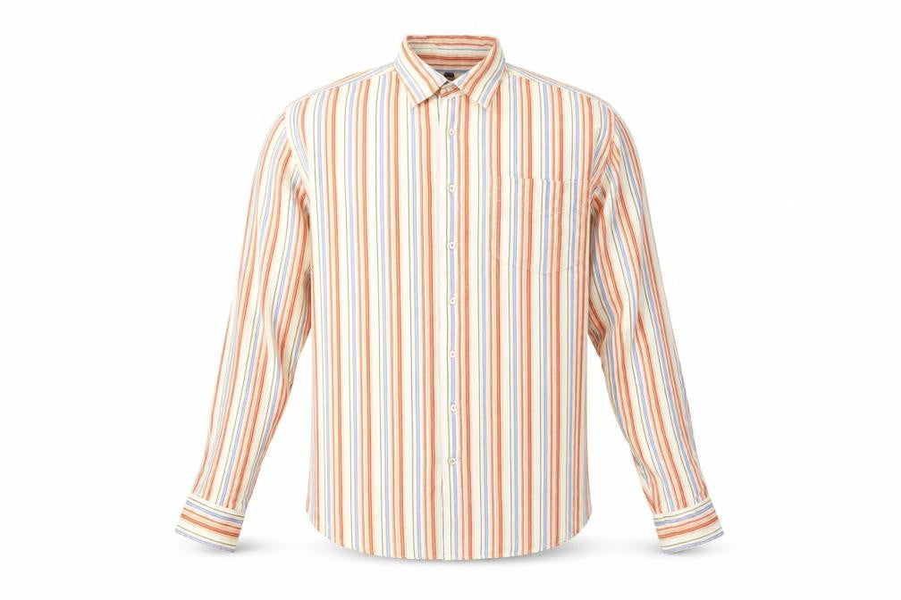 Front view of Barisal men’s multicoloured striped cotton button-up, size M, collared button