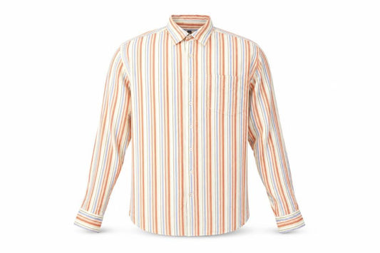Front view of Barisal men’s multicoloured striped cotton button-up, size M, collared button