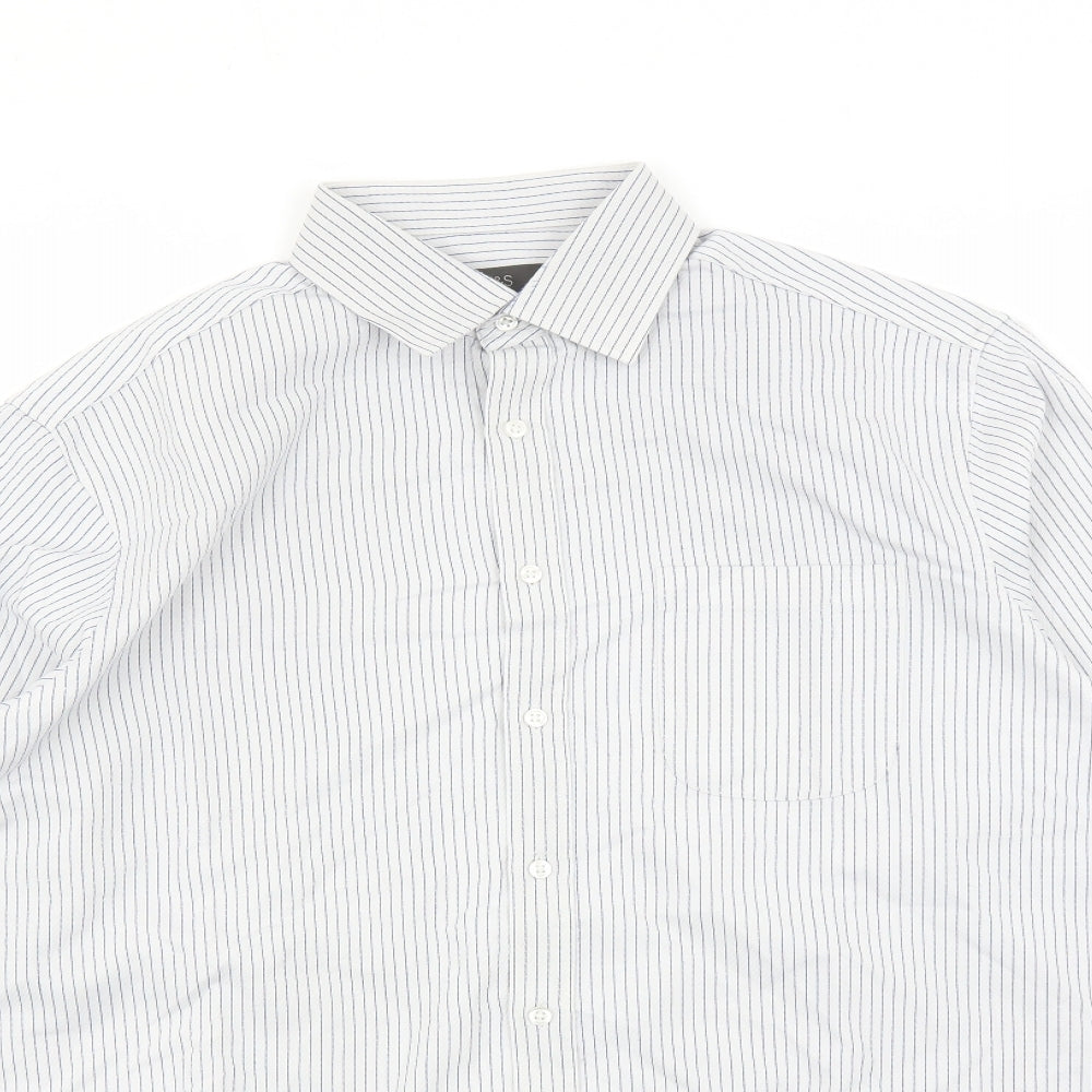 Marks and Spencer Mens White Striped Polyester Button-Up Size 16.5 Collared Button