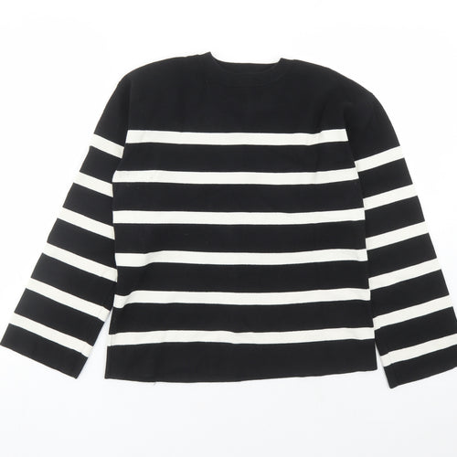 Marks and Spencer Womens Black Round Neck Striped Cotton Pullover Jumper Size M