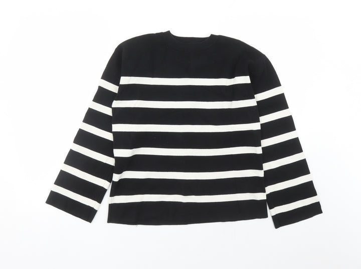 Marks and Spencer Womens Black Round Neck Striped Cotton Pullover Jumper Size M