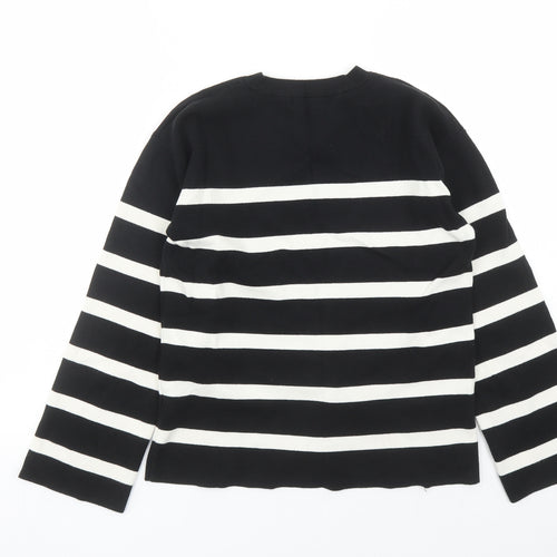 Marks and Spencer Womens Black Round Neck Striped Cotton Pullover Jumper Size M