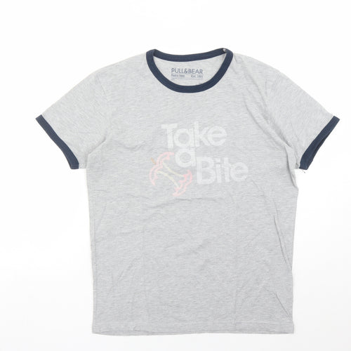 Pull&Bear Mens Grey Cotton T-Shirt Size M Round Neck - Take A Bite