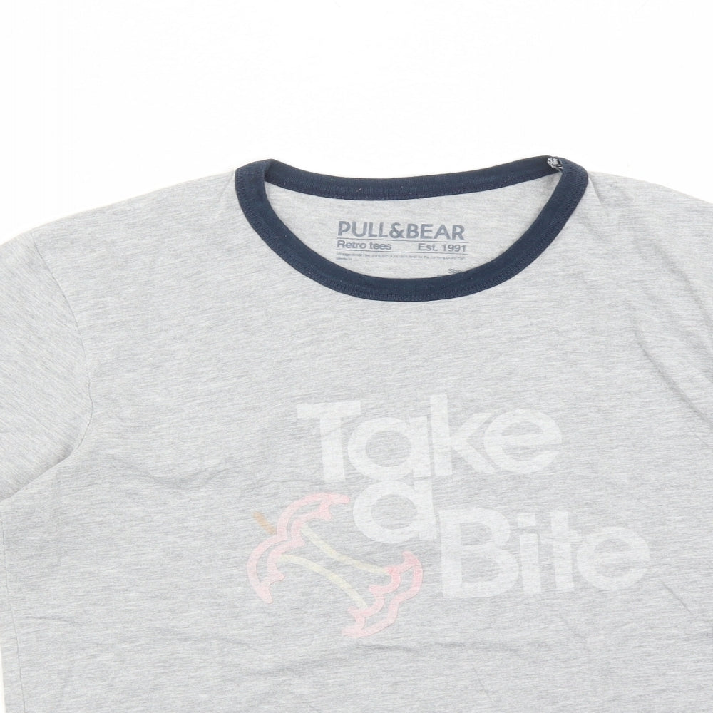 Pull&Bear Mens Grey Cotton T-Shirt Size M Round Neck - Take A Bite