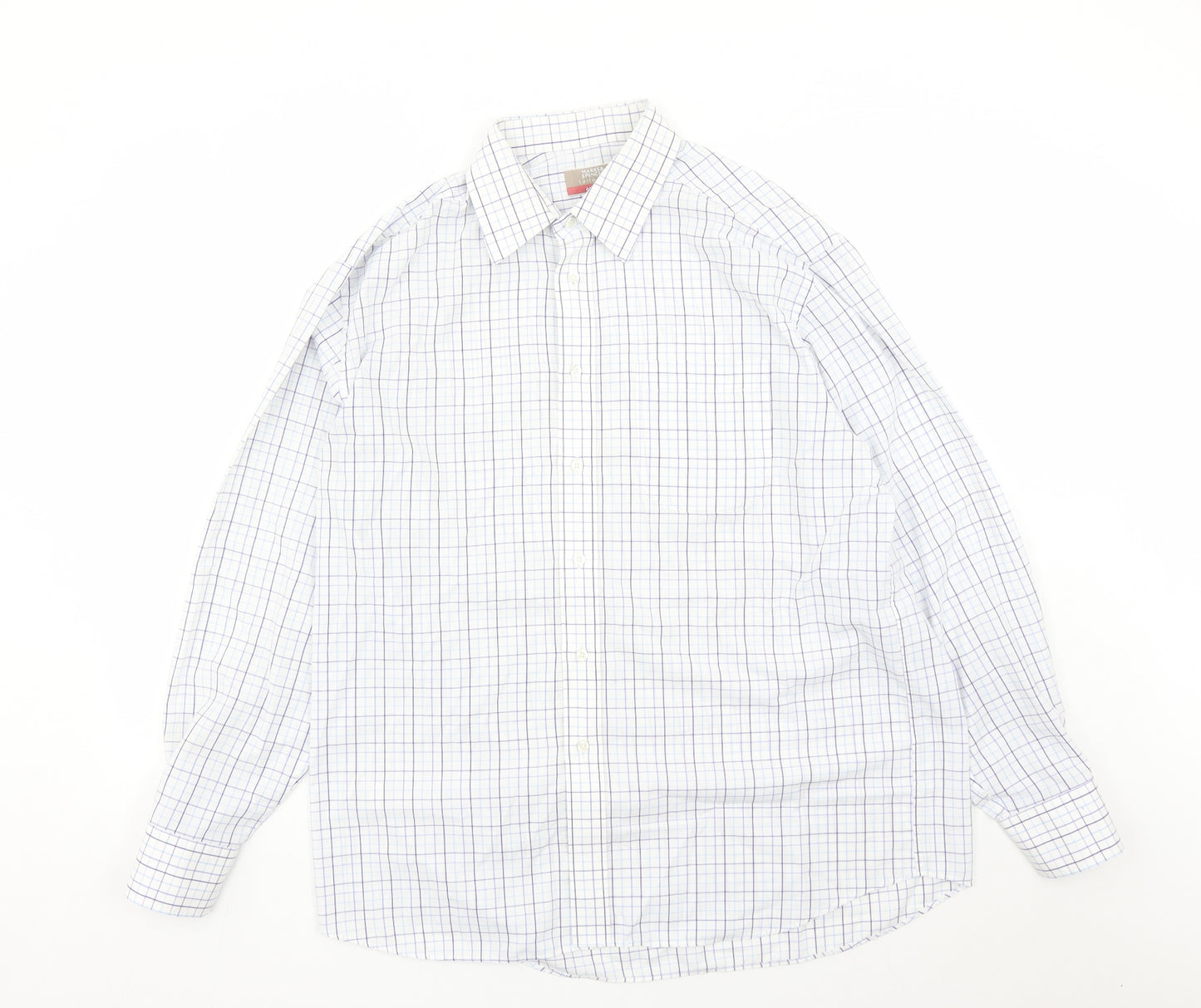 Marks and Spencer Mens White Check Polyester Button-Up Size 16.5 Collared Button