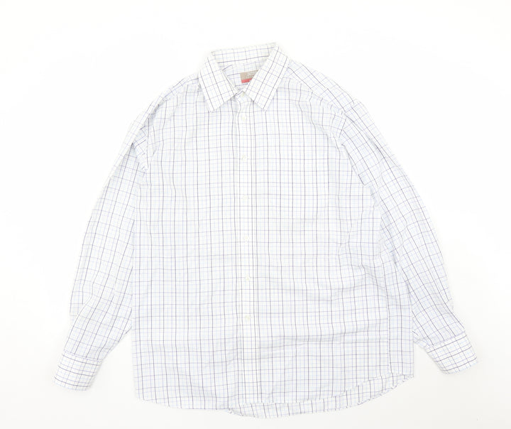 Marks and Spencer Mens White Check Polyester Button-Up Size 16.5 Collared Button