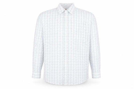 Front view of Marks & Spencer men’s white check polyester button-up, size 16.5 collared button