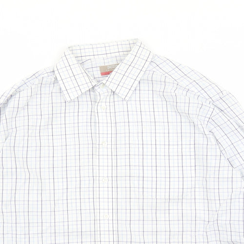 Marks and Spencer Mens White Check Polyester Button-Up Size 16.5 Collared Button