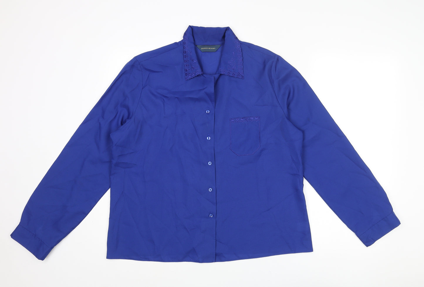 Debenhams Womens Blue Polyester Basic Button-Up Size 16 Collared - Embroidered