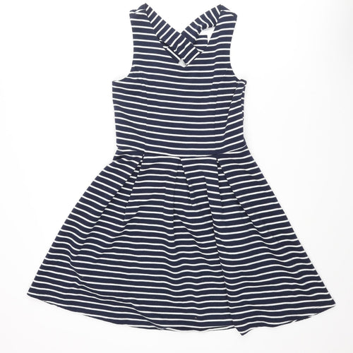 Zunie Girls Blue Striped Polyester A-Line Size 14 Years Scoop Neck Snap - Bow