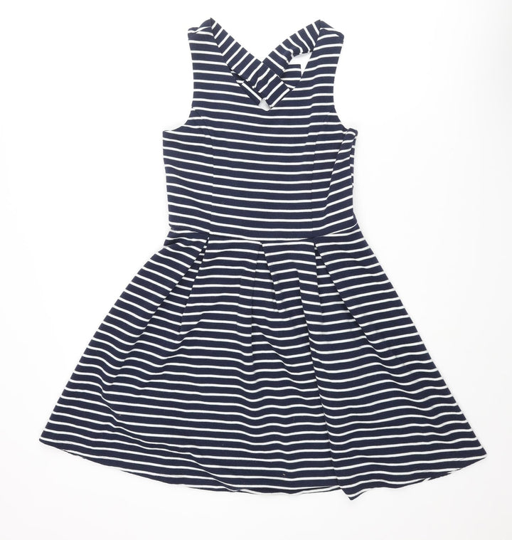 Zunie Girls Blue Striped Polyester A-Line Size 14 Years Scoop Neck Snap - Bow