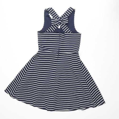 Zunie Girls Blue Striped Polyester A-Line Size 14 Years Scoop Neck Snap - Bow