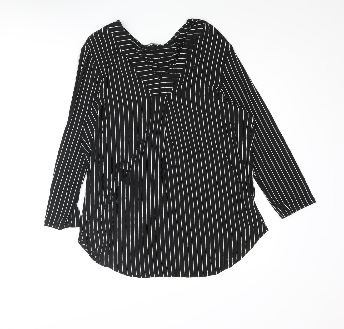 Roman Womens Black Striped Viscose Basic Blouse Size 18 V-Neck