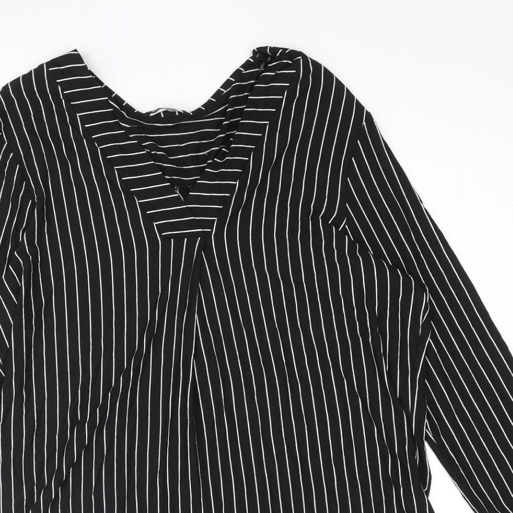 Roman Womens Black Striped Viscose Basic Blouse Size 18 V-Neck