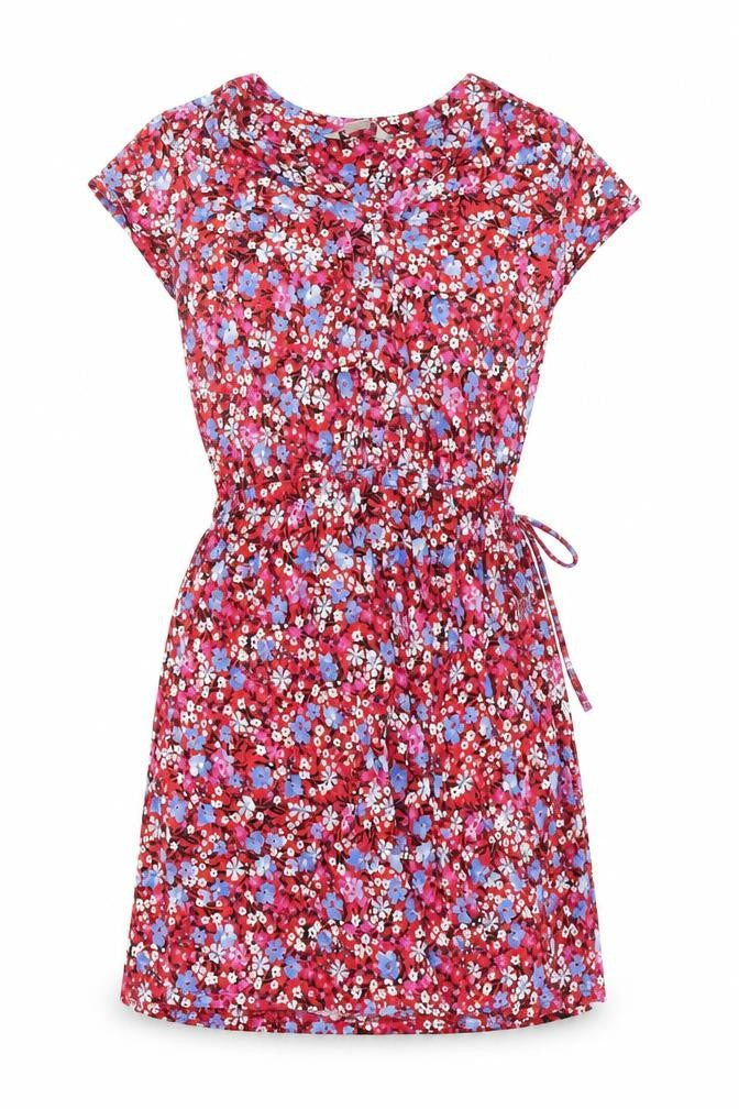 Front view of Mauvette women’s multicoloured floral viscose shift, size UK 14, v-neck pullover - drawstring