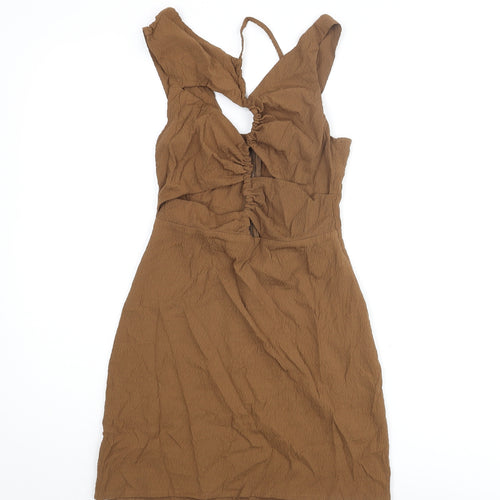 Pull&Bear Womens Brown Polyester Mini Size S V-Neck Zip - Rouched Cut Out