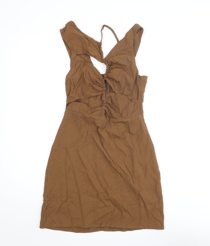 Pull&Bear Womens Brown Polyester Mini Size S V-Neck Zip - Rouched Cut Out