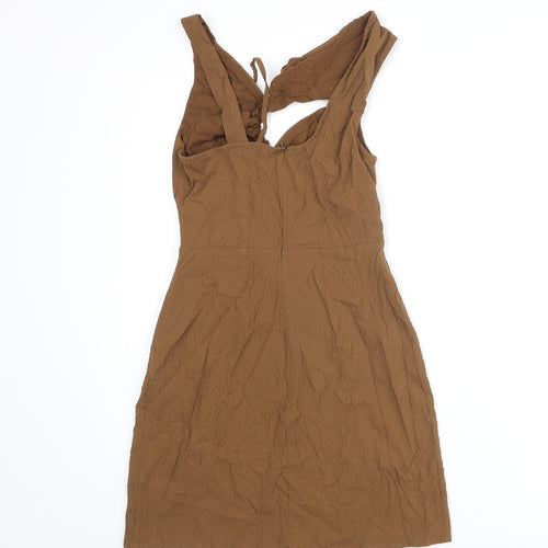 Pull&Bear Womens Brown Polyester Mini Size S V-Neck Zip - Rouched Cut Out
